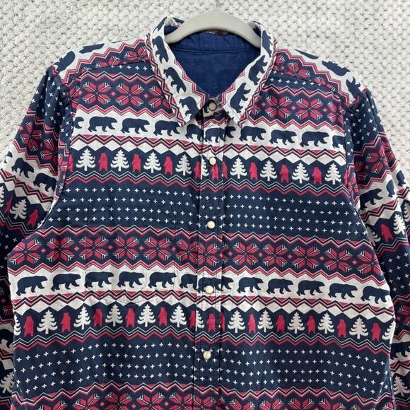 Chubbies Shirt Men L Blue Flip It Reverse It Christmas Bear Pearl Snap Button - Picture 3 of 16